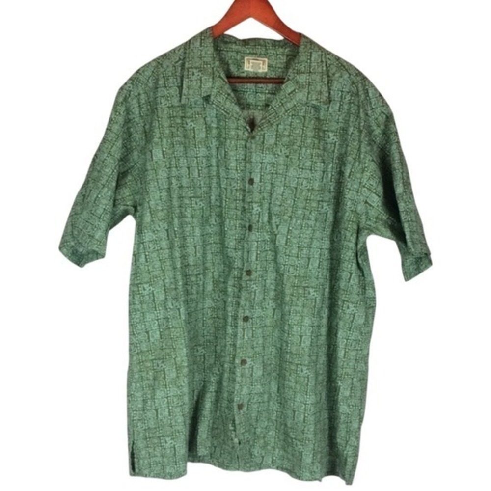 L.L. Bean Button Down Shirt XL Tall Green Mayan Glyph Print Cotton Short Sleeve